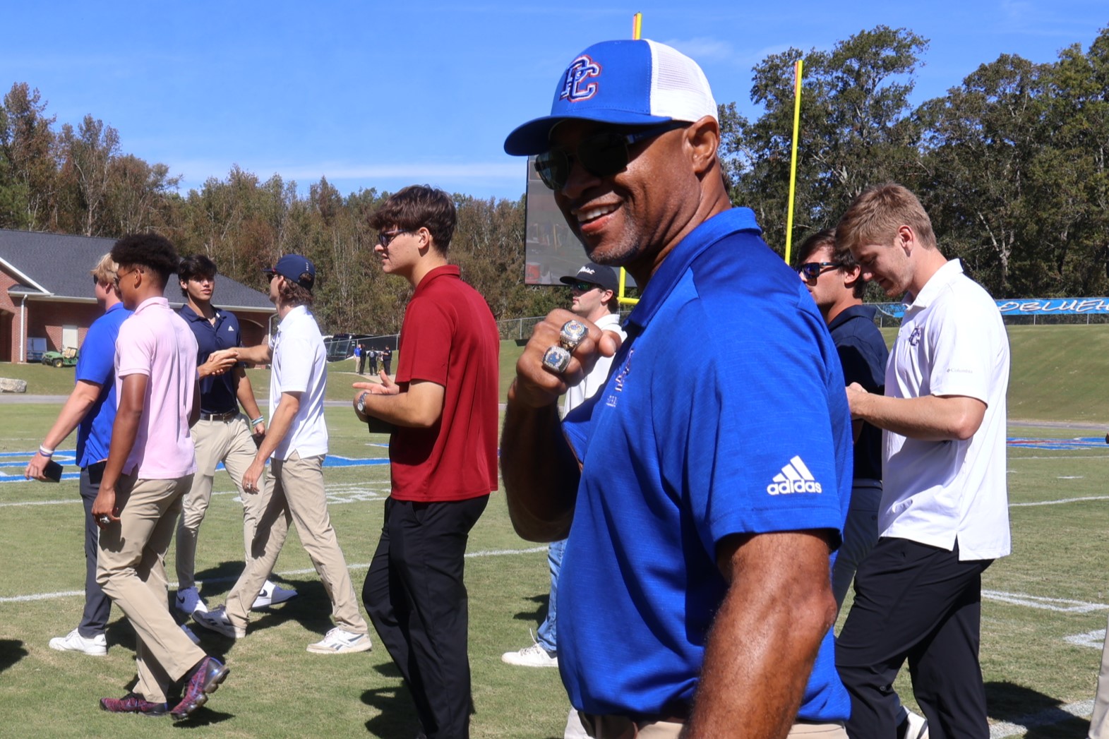 Coach Elton Pollock with his Big South Championship ring.