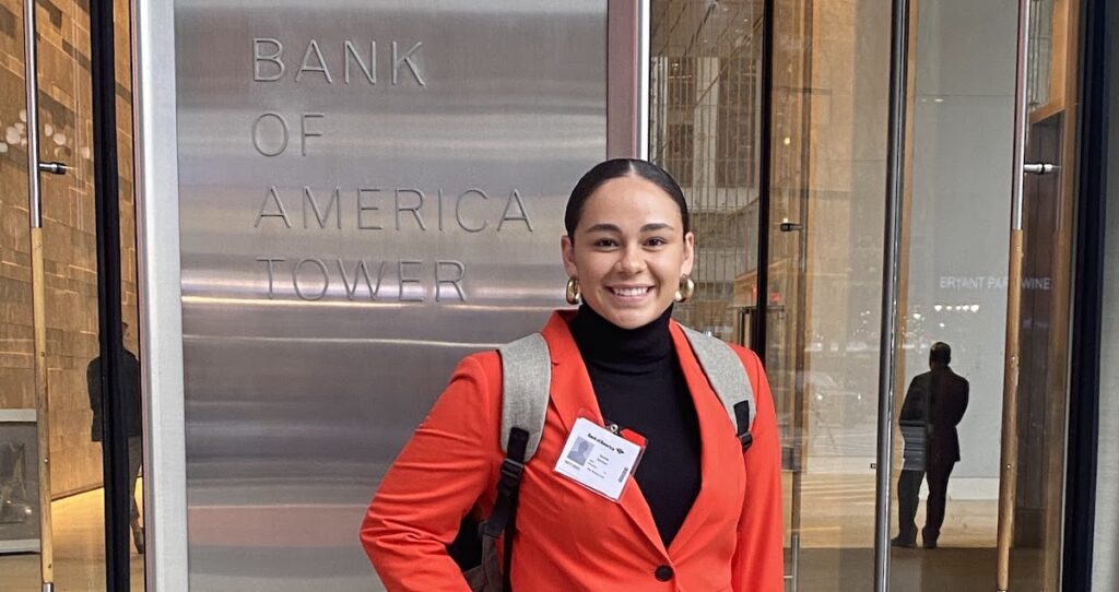 Presbyterian College student posing at the Bank of America Tower where she was interning. 