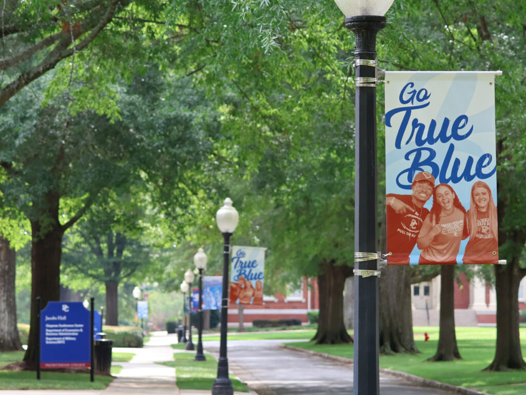 Go True Blue sign on campus. 