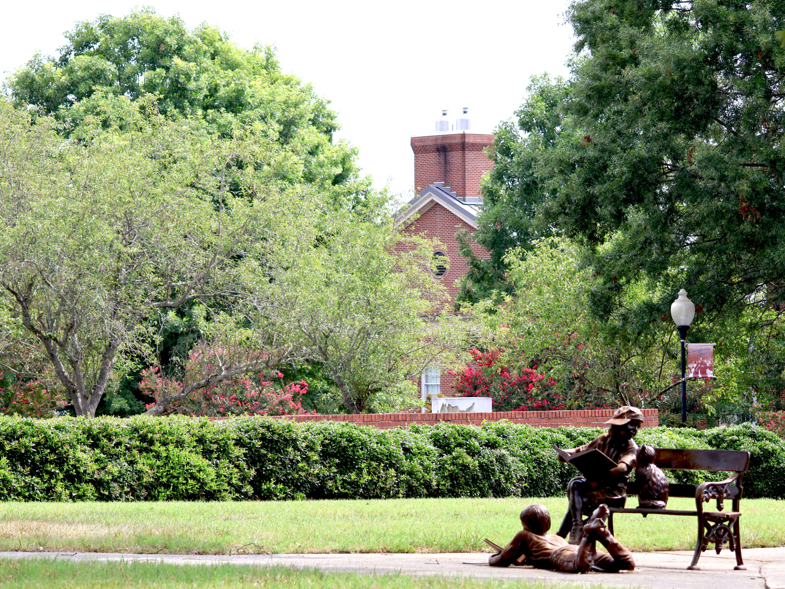 A view of the lawn and trees behind Neville Hall.