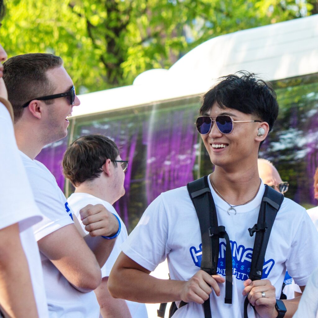 A photo of a Korea Scholars student laughing with a friend. 